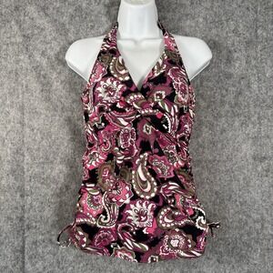 Lands End Tankini Swim Top Womens Size 6 Purple‎ Paisley Halter Babydoll Wrap